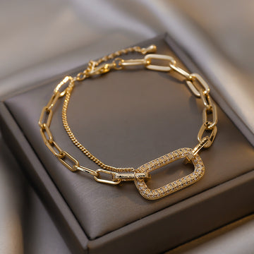 Gold Silver Paperclip Chain Zircon Rectangle Clasp Bracelet