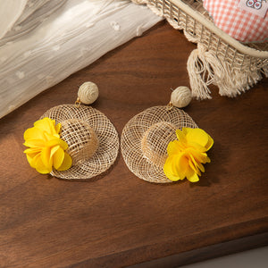 Woven Raffia Sun Hat Drop Earrings with a Yellow Fabric Flower