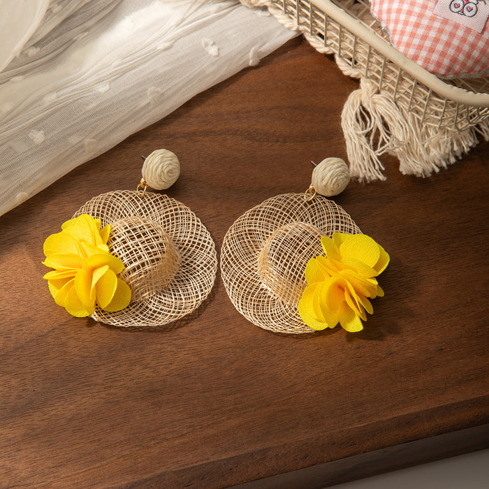 Woven Mesh Sun Hat Yellow Flower Oversized Dangle Earrings