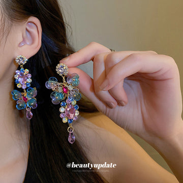 Multicolor Crystal Floral Cluster Drop Earrings Polished Metal Jewelry