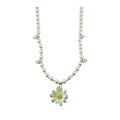 White Beaded Necklace With Blue Flower Pendant Chain Pendant Jewelry view 5
