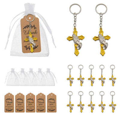 A product layout shows loose praying hands cross keychains beside white drawstring bags and brown thank-you tags.