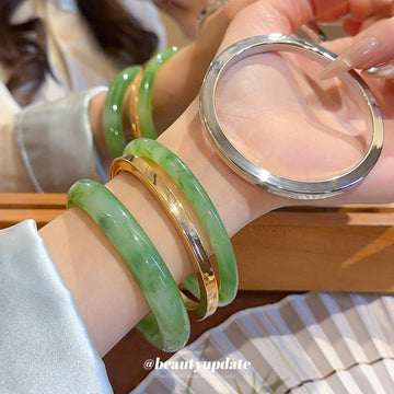 Green Marbled Bangles With Gold And Silver Smooth Bangles