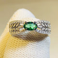 Green Oval Stone Leaf-Pattern Wide Ring In Two Metal Tones view 2