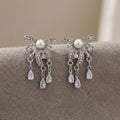 Silver Bow Crystal Look Chain Teardrop Stud Earrings view 3