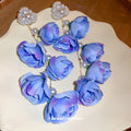 Blue Fabric Flower Pearl Cluster Drop Earrings with Polished Metal Accents view 3