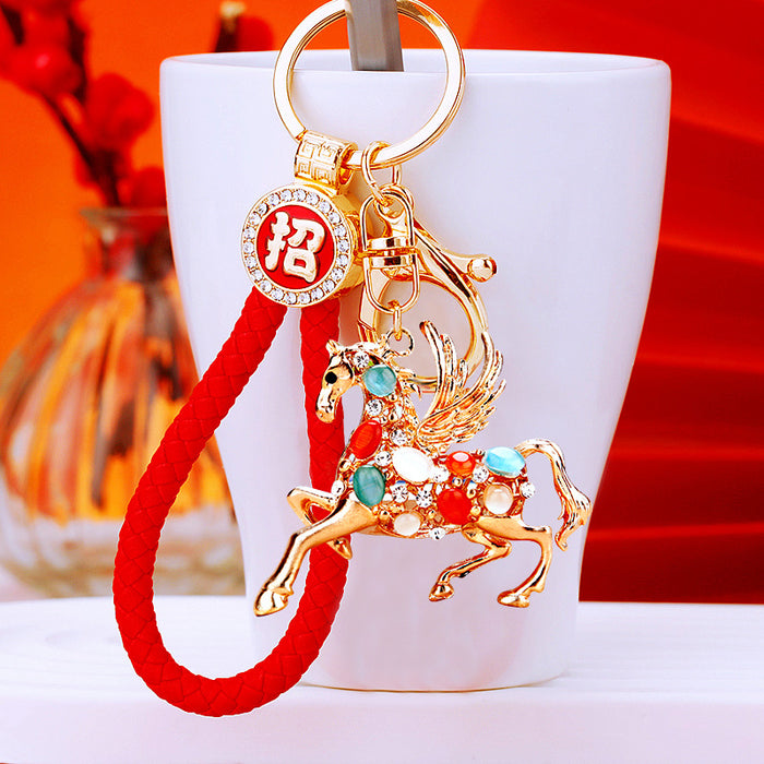Crystal Flying Horse Keychains with Six Fortune Cord Options