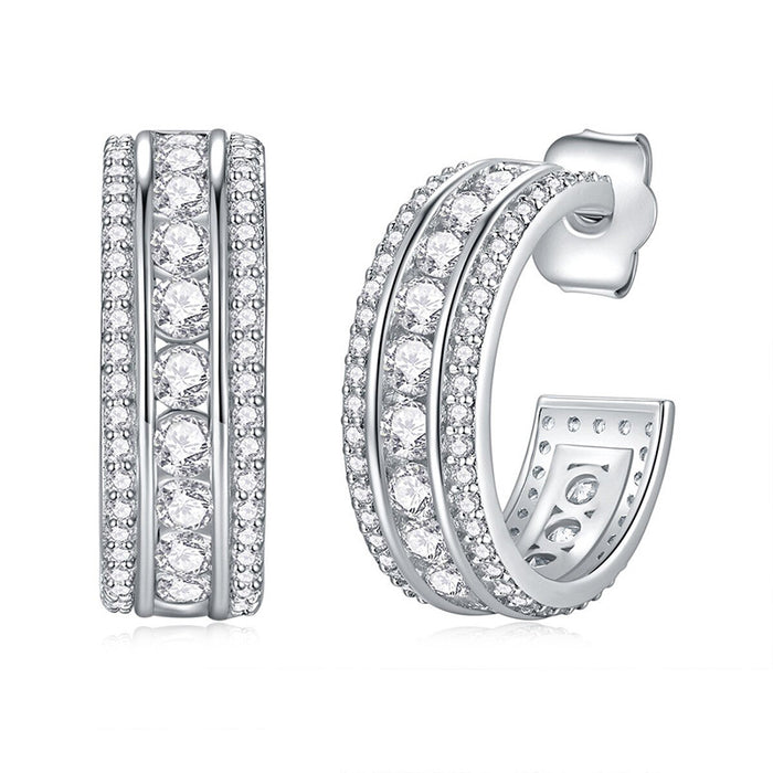 Silver Tone Triple Row Crystal Half Hoop Earrings