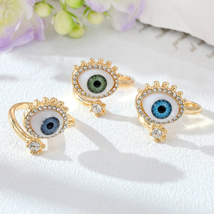 Gold Tone Crystal Halo Realistic Evil Eye Adjustable Rings
