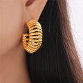 Gold C-Shape Ribbed Hoop Earrings Bold Copper Metal Finish view 3