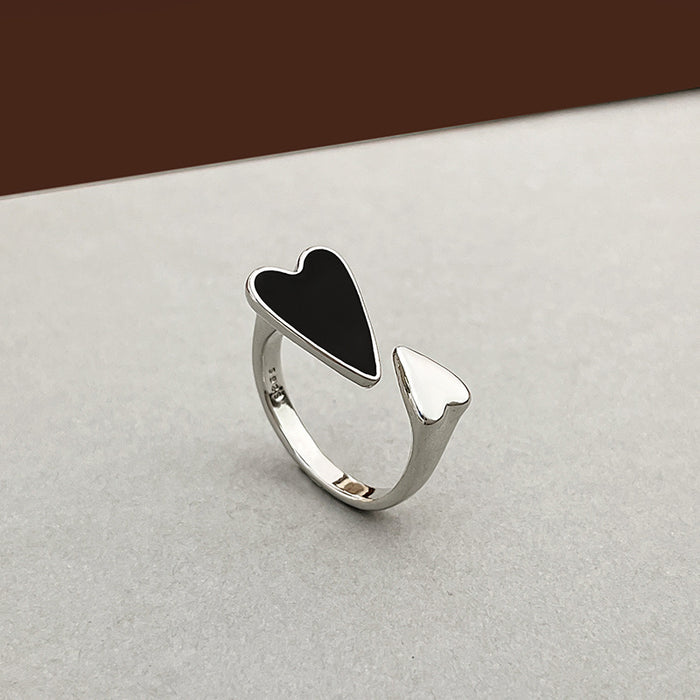 Black and White Mismatched Heart Adjustable Open Ring