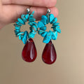 Turquoise Blue Flower and Red Teardrop Dangle Earrings view 3