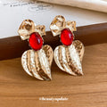 Red Resin Heart Statement Earrings with Gold Tone Wings view 2