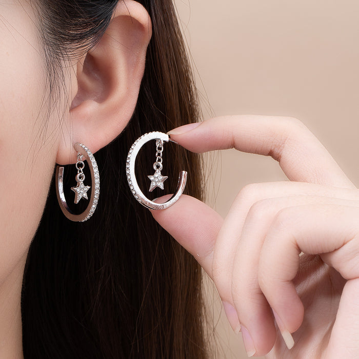 Silver Clear Stone Hoop and Star Chain Dangle Earrings