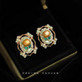 Gold Scroll Frame Golden Pearl Enamel Leaf Stud Earrings view 1