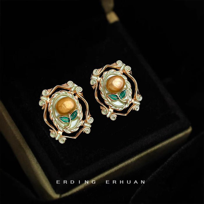 Gold Scroll Frame Golden Pearl Enamel Leaf Stud Earrings