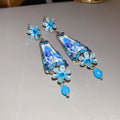 Blue Faceted Teardrop Floral Dangle Clip On Earrings view 6