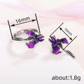 Silver Tone Purple Enamel Iris Flower Huggie Hoop Earrings view 4