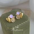 Gold Tone Butterfly Daisy And Pink Purple Round Stone Stud Earrings view 1