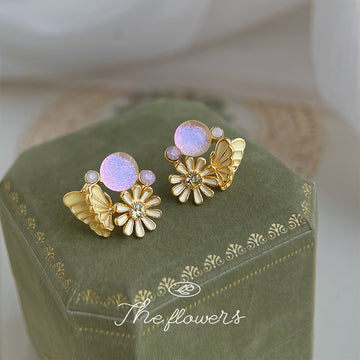 Gold Tone Butterfly Daisy And Pink Purple Round Stone Stud Earrings