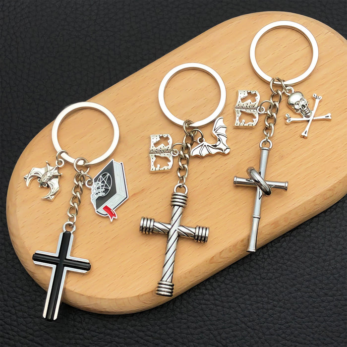 Three Cross Bat and Skull Keychain Designs with Metal Hardware