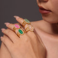 Gold Open Oval Natural Stone Halo Adjustable Ring Metal view 2