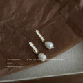 Gold Baguette Bar Pearl Drop Stud Earrings Matching Pair Style view 4