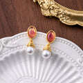 Gold Oval Resin Stud Pearl Drop Earrings Red Green 2 Colors view 3