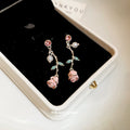 Pink Rose and Green Leaf Drop Earrings with Pearl Accents view 3