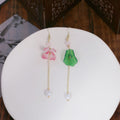 Green Lotus Leaf and Pink Flower Long Chain Earrings view 7