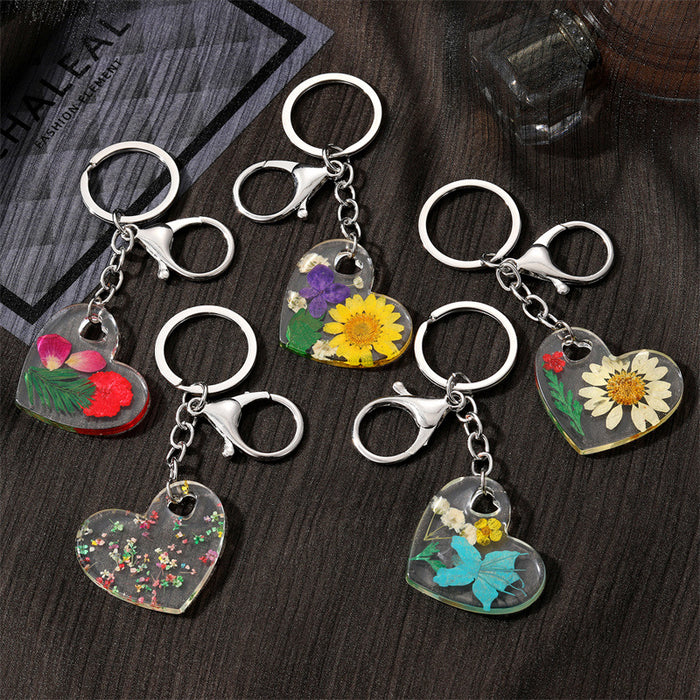 Silver Tone Heart Pressed Flower Resin Keychains in Five Designs