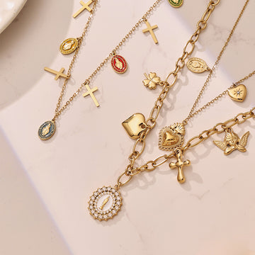 Gold Cross Medal Multi Charm Necklaces Single Or Layered