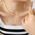 Gold Disc Bead Necklace With White Pearl Accent Sections view 4
