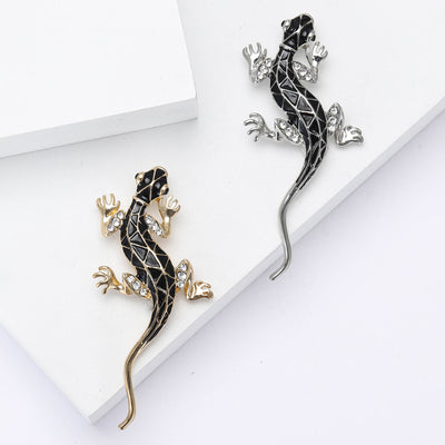 Black Enamel Gecko Brooch in Gold and Silver Tones grouped product view
