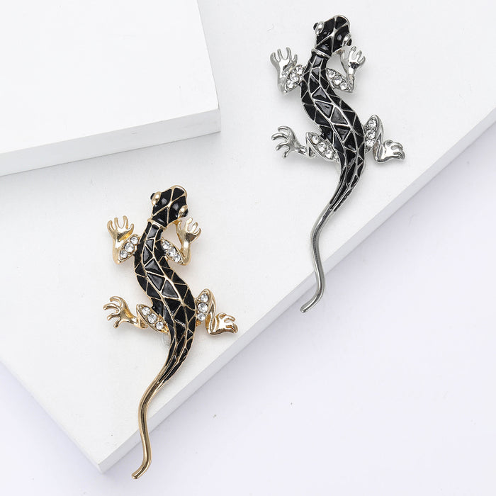 Black Enamel Gecko Brooch in Gold and Silver Tones