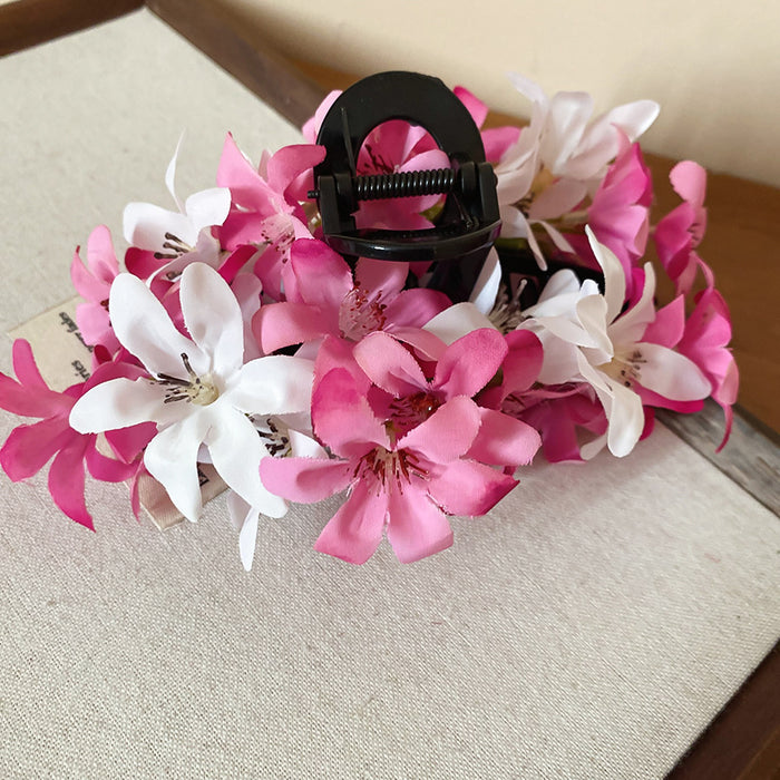 Pink White Fabric Flower Hair Claw Clip Spring Clamp