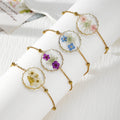 Gold Tone Scalloped Round Pressed Flower Chain Bracelets in Four Colors view 1