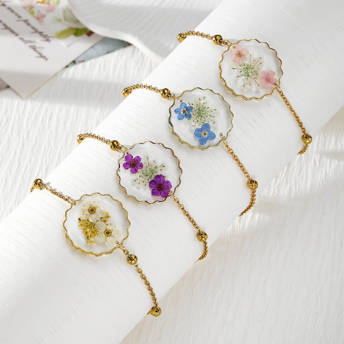 Gold Tone Scalloped Round Pressed Flower Chain Bracelets in Four Colors