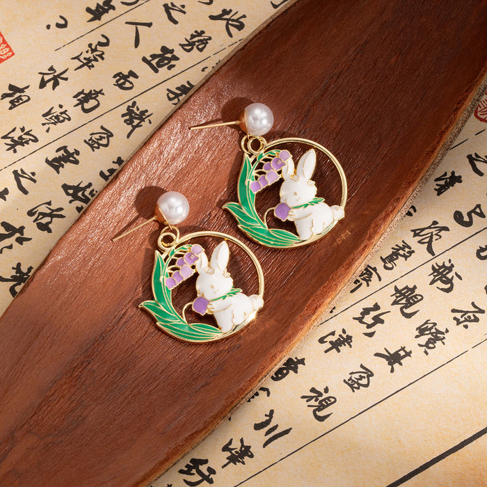 Rabbit Flower Pearl Look Round Dangle Stud Earrings