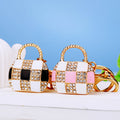 Jeweled Checkerboard Handbag Keychains in Pink White and Black White view 3