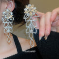 Silver Tone Crystal Floral Leaf Drop Stud Earrings view 1