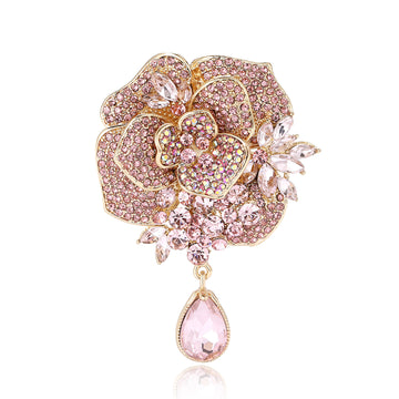 Rhinestone Peony Flower Brooch with Teardrop Pendant