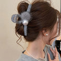 Gray Fuzzy Yarn Claw Hair Clip Large Pearl Fur Pom view 3