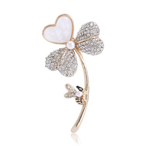 Crystal Clover Brooch with Shell Heart and Bee Accent