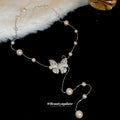 Silver Tone Butterfly Necklace with Pearl Look Stations and Drop view 2