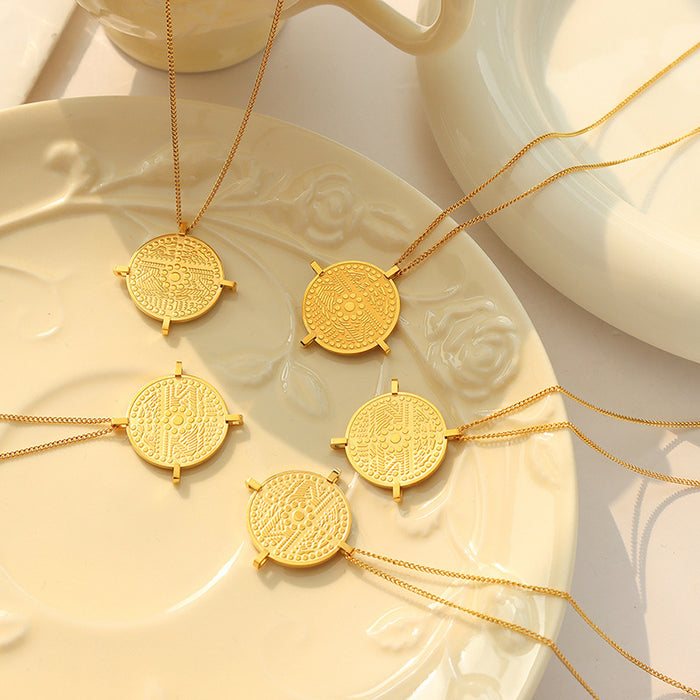 Gold Steel Engraved Geometric Cross Disc Pendant Necklace