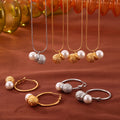 Gold Steel Hammered Ball Pearl Necklace Hoop Earring Set view 1