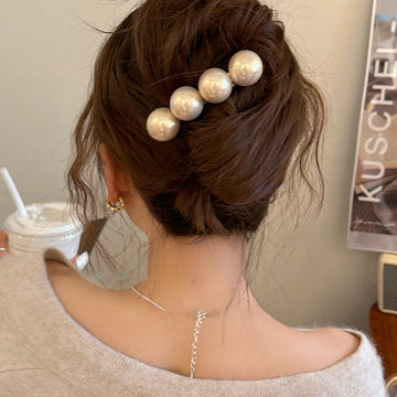 Silver Tone Hair Barrette With Four Large White Pearl Like Spheres