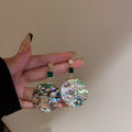 Green Square Stone Shell Pattern Disc Statement Earrings view 6