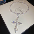Silver Pearl Bead Rhinestone Hollow Cross Pendant Necklace view 6